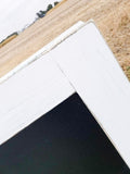 Charming distressed white sidewalk chalkboard sign with a reclaimed coastal feel, Boutique standing easel sandwich board 38x25 inches