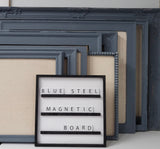 Calming slate blue large pin board for home or office, relaxed bluish gray fabric magnetic board for coastal mudroom, Available in Modern, Traditional, or Ornate Frame Style in small to large sizes.