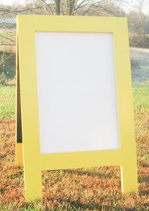 Bright and cheerful, sunny yellow dry erase sidewalk sign with a sleek semi gloss finish, 38 x 25 vibrant business or restaurant sandwich board