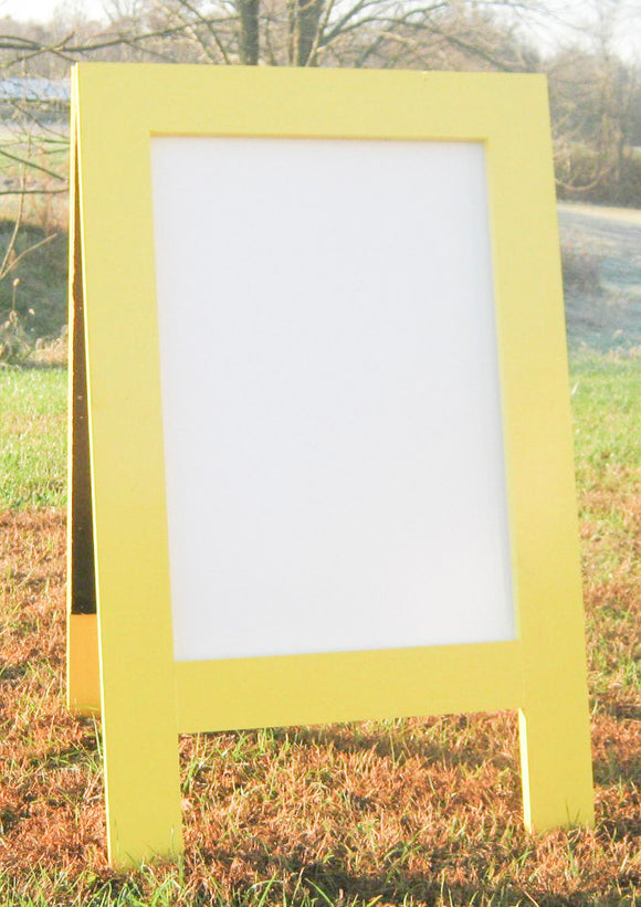 Bright and cheerful, sunny yellow dry erase sidewalk sign with a sleek semi gloss finish, 38 x 25 vibrant business or restaurant sandwich board