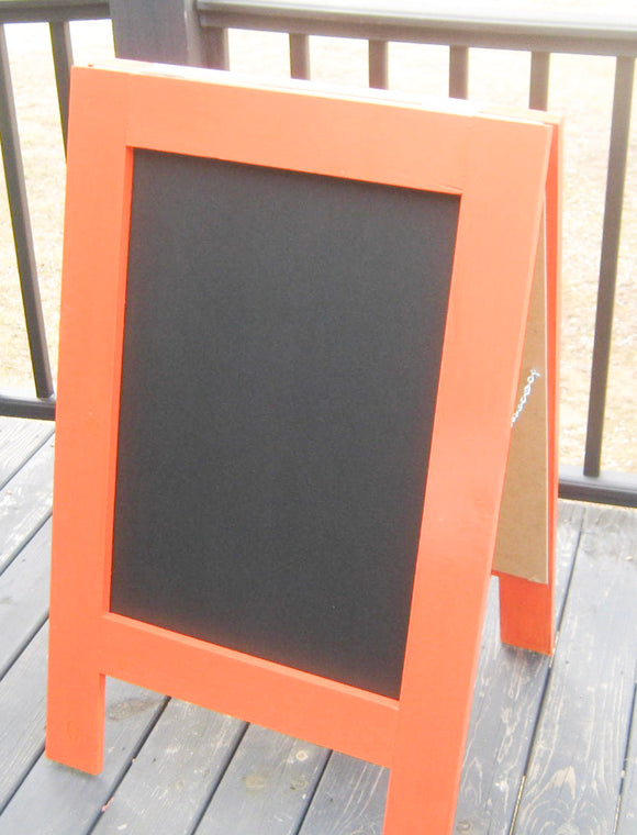 Large cheerful and functional bright orange sidewalk chalkboard sign for events, Vibrant restaurant easel sandwich sign with chalkboard 36 x 25 inches