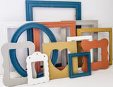 Color infused masterpiece of an eclectic gallery wall of picture frames in many styles and sizes in sets of 3, 5,7, 10, and 15