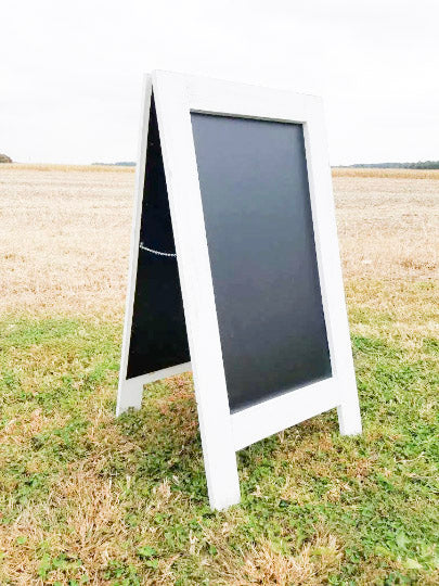 Charming distressed white sidewalk chalkboard sign with a reclaimed coastal feel, Boutique standing easel sandwich board 38x25 inches