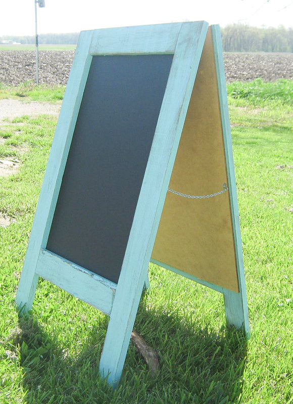 Stylish and portable light turquoise sidewalk easel chalkboard, 38x 25 Coastal feeling handcrafted distressed aqua blue restuarant sandwich sign