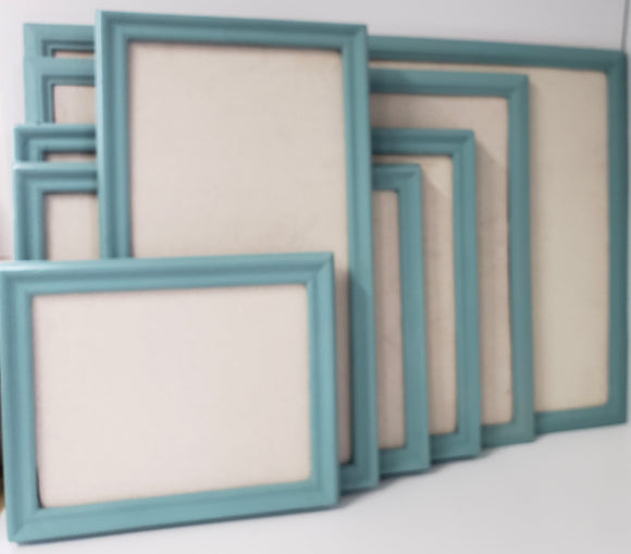 Serene lighter turquoise wall mounted bulletin with a neutral linen fabric, Available in Modern, Traditional, or Ornate Style of Frame and Small to Large Size, Agave