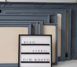 Calming slate blue large pin board for home or office, relaxed bluish gray fabric magnetic board for coastal mudroom, Available in Modern, Traditional, or Ornate Frame Style in small to large sizes.