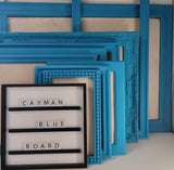 Fun and Vibrant bright blue framed fabric memo board for kids' artwork, Available in Modern, Traditional, or Ornate Frame Style in small to large sizes.