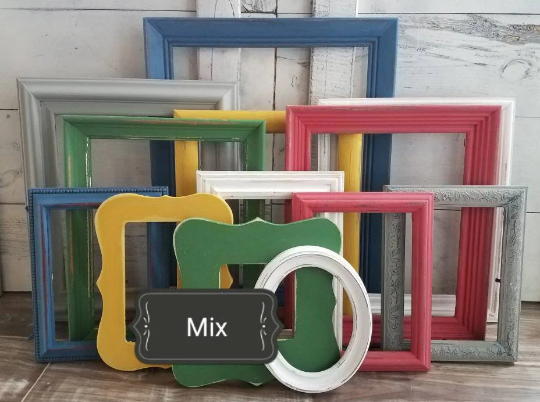 Multiple cheerful primary color interesting picture frames for a gallery wall in Red, blue, green, yellow, and white vibrant shades