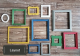 Multiple cheerful primary color interesting picture frames for a gallery wall in Red, blue, green, yellow, and white vibrant shades